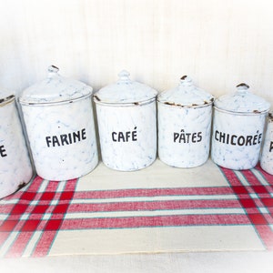 French Vintage Canister Set - Chicken Wire Pattern, White and Blue Enamelware- Six Piece Set, Farine, Sucre, Cafe, Pate, Poivre