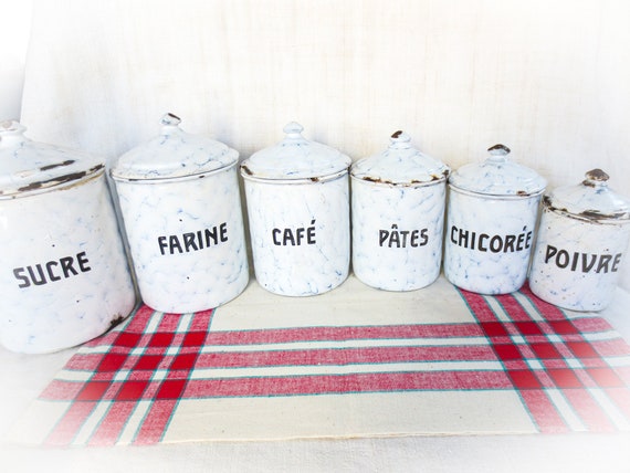 French Antique Enamel Canister Set: Chicken Wire Pattern, Blue