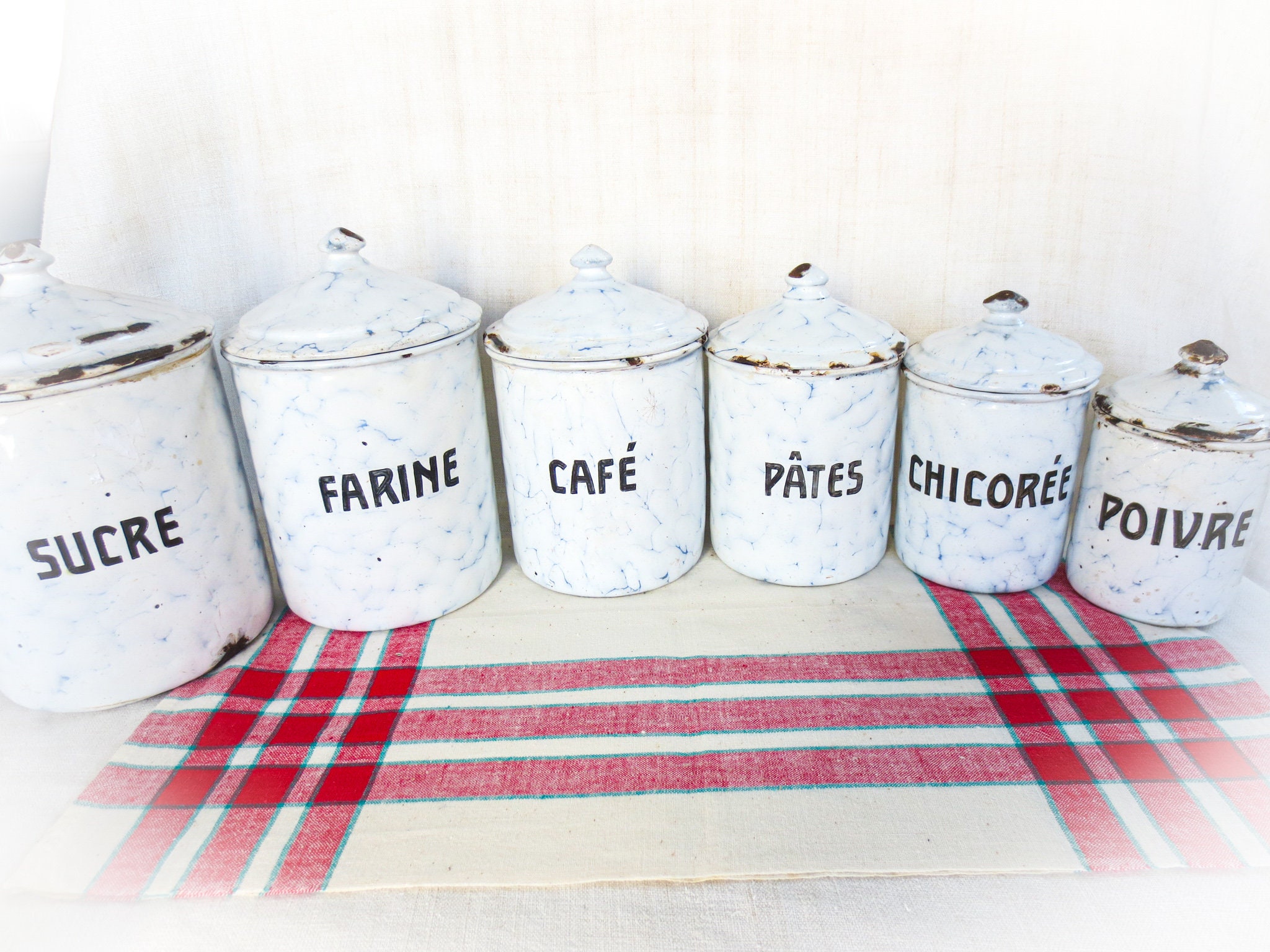 French Antique Enamel Canister Set: Chicken Wire Pattern, Blue