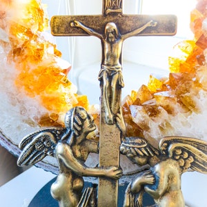 French Antique Benitier Holy Water Font, Solid Bronze, Half Clothed Cherubs, Angels Wings, 1800s- French Antique Religious Cross/Font