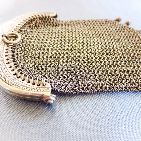 Fr. Antique Silver Chain Mail Purse, Chatelaine Purse, Miniature Silver Mesh Purse, Thick Mesh Silver Chain Mail