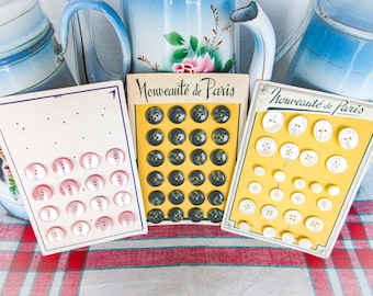 3 Antique Button Cards: Nouveaute de Paris, Mother of Pearl & Plastic