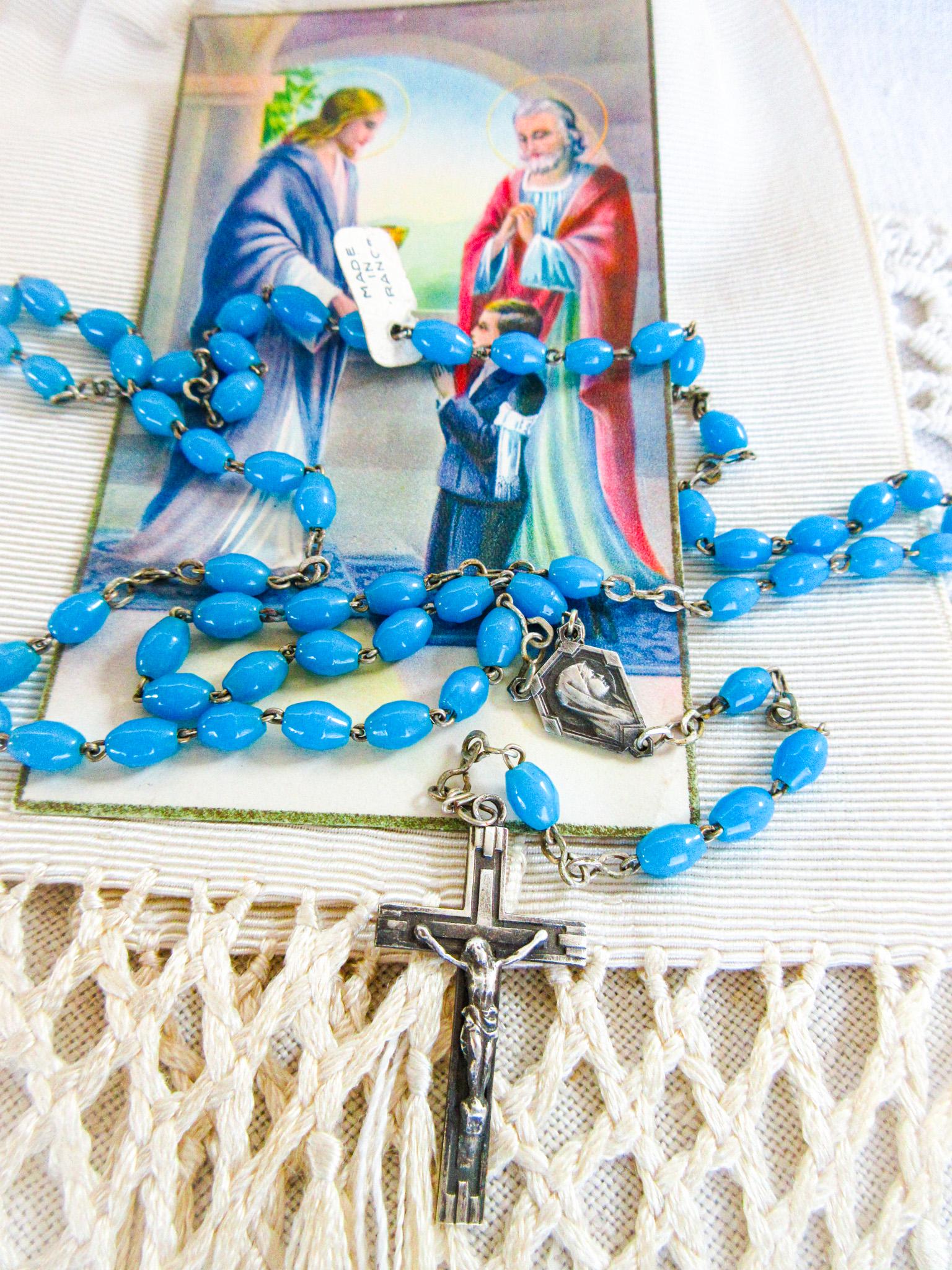 アンティークのフランス製初聖体拝領セット：腕章、ロザリオ、聖カード