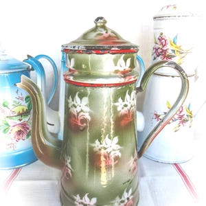 Cafetière ancienne en porcelaine émaillée, France : granite floral vert
