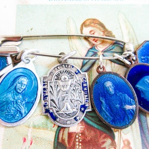 6 French Antique Sterling Blue Enamel Medals, 1/2&quot; to 3/4&quot; Size Charms - Lot of 6, Lourdes Medals, Religious Charms, Pendants from France