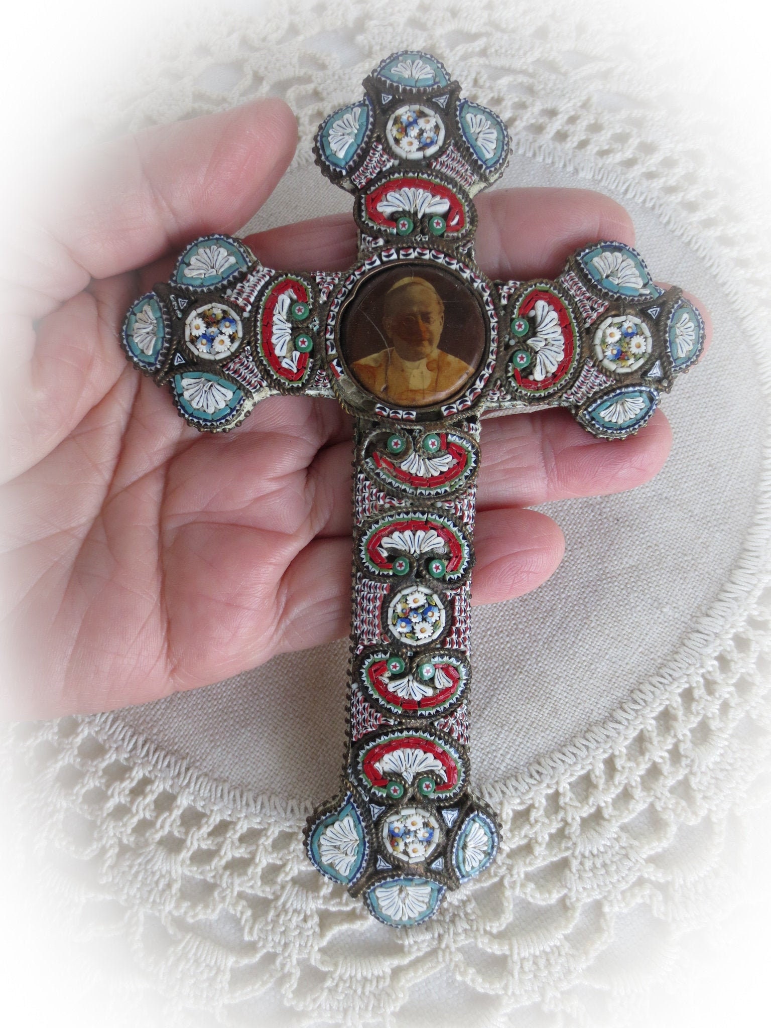 イタリア製 希少アンティーククロス モザイクガラス ピウス11世