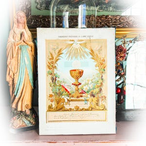 Certificado francés antiguo de Primera Comunión, Factur, enmarcado, 1908, Sagrado Corazón de Jesús, recuerdo de la Primera Comunión.