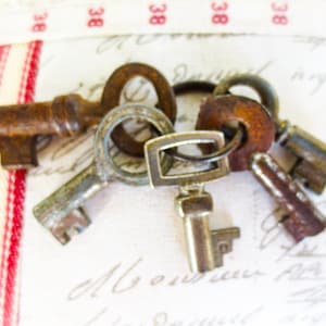 Antique French Skeleton Keys: Tiny Keys on Ring, Lot of 5