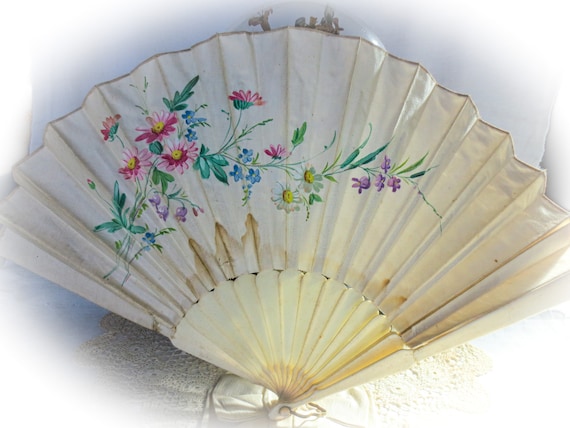 Victorian Silk Hand Fan, Hand Painted, Elegant An… - image 1