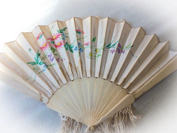 Victorian Silk Hand Fan, Hand Painted, Elegant An… - image 2