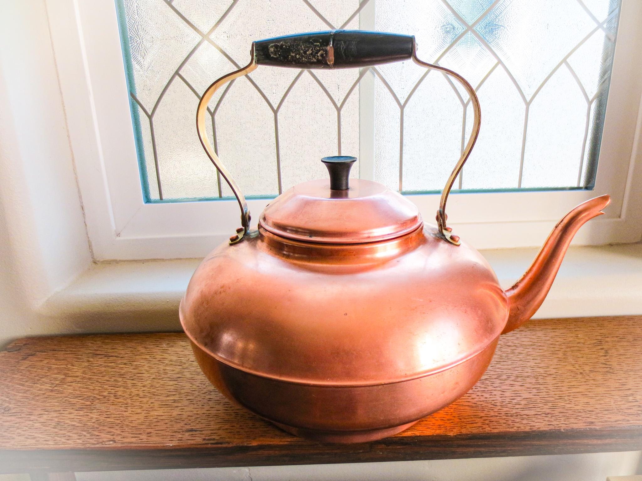 Antique Copper Tea Kettle, Bakelite Handle, Marked Pure Copper