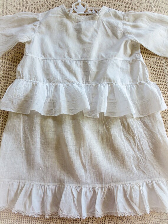 Antique French Child's Linen Dress: Handmade Lace… - image 6