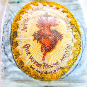 Antique Pocket Shrine, French Vintage Medals,  Oratory, Sacred Heart, Scapular, Saint Christopher, Saint Catherine