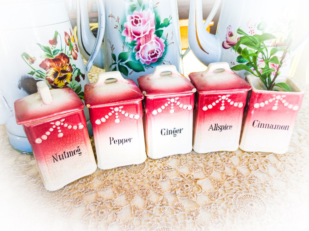 Set of 5, Antique Porcelain Spice Jars, Spice Canisters, Canisters