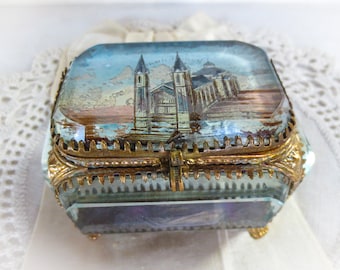 Antique La Louvesc Casket: Beveled Glass Jewelry Trinket Box