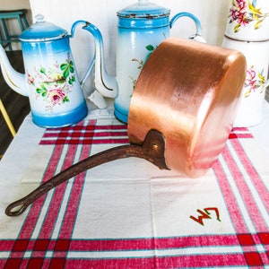 French Antique Large Copper Pot- Hand Forged, Lined with Aluminum, Iron Handle, Rivets