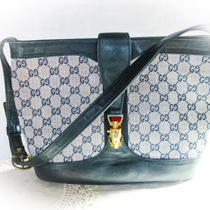 Bolso de hombro vintage Gucci de lona azul marino, años 80, interior de cuero, auténtico.