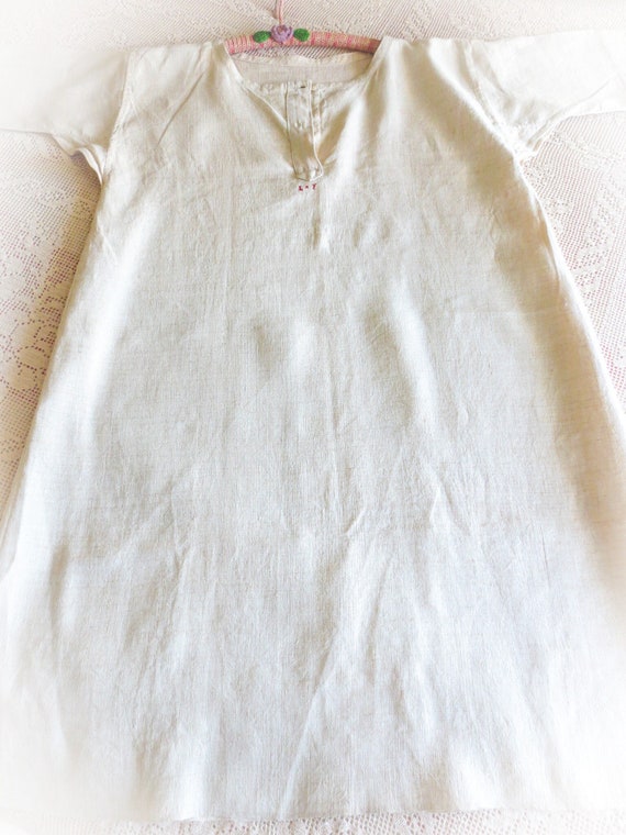 French Linen  Nightshirt Gown, Antique Night Shir… - image 1