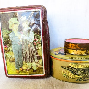 French Antique Tins - Lot of 3 Tin Boxes - 3 Antique Tins, Tobacco Tin, Young Romance Tin, Red Pill Tin