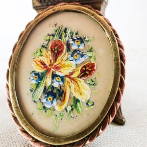 Flower Brooch, Hand Painted on Bone, Copper and Brass Mount, Irises
