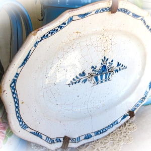 Antique French Faience Plate: Rouen Blue Floral Wall Decor