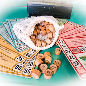 Französisches Antikes Loto-Spiel -Bingo-Spiel, Lotokarten und runde Holzzahlen, Klassenzimmer-Lehrspiel, Komplettset,