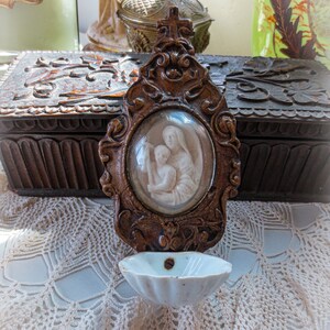 French Antique Meerschaum Religious Benitier,Holy Water Font, Domed Glass, Mary, Mother of Jesus, in Carved Wood Frame, Cross at the Top