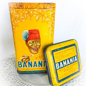 Caixa de lata antiga francesa, lata de propaganda, lata de banana, lata velha, caixa de lata de colecionador, colecionável, lata da história