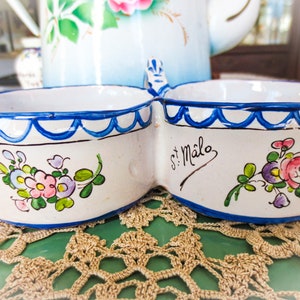 French Faience Pottery, Double Salt Cellars, Condiment Pots, Marked St Malo, Souvenir of St. Malo