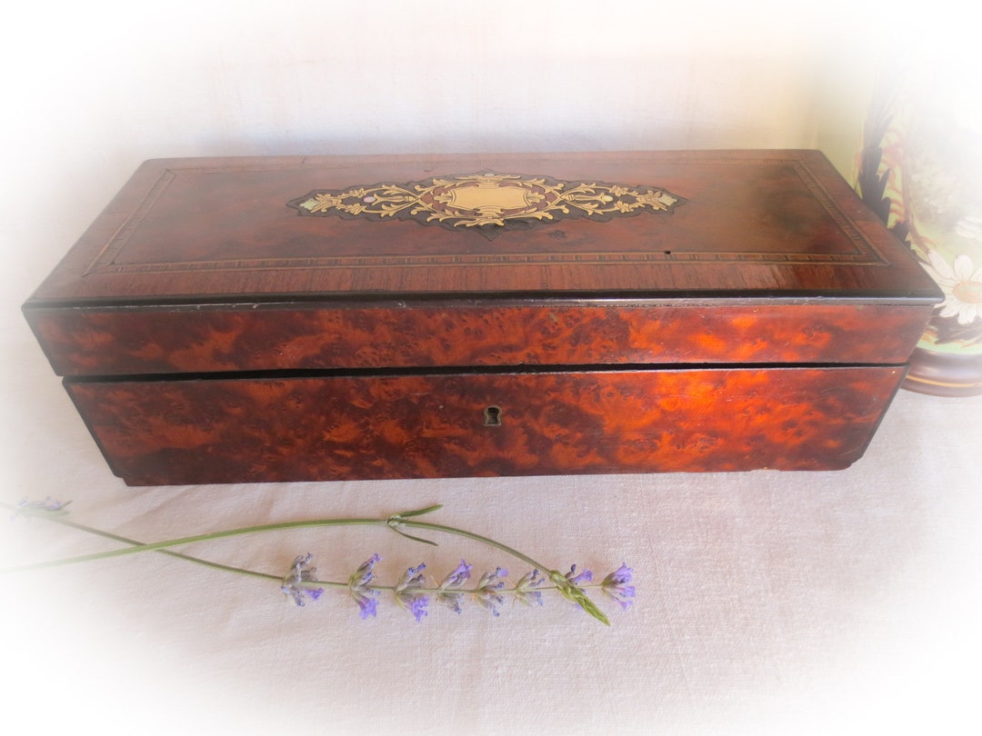 French Antique Wood Inlaid Jewelry Box, Marqueterie Box, Glove Box