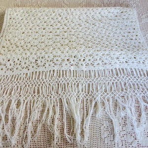 Hand Crocheted Table Runner: Mid Century Off White with Fringe