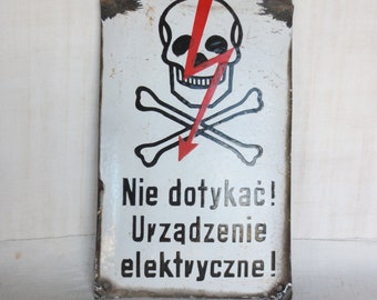 Antique Enamel Sign, Warning, in Polish, Raised Enamel, Antique Industrial Decor