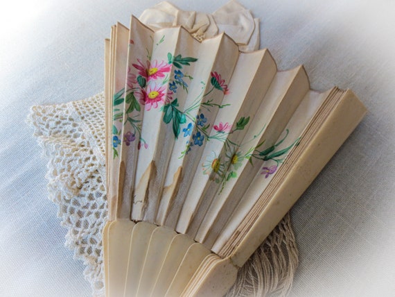 Victorian Silk Hand Fan, Hand Painted, Elegant An… - image 10