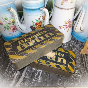 Set of 2 French Antique Tins - Two Tin Boxes -Biscuit Brun Antique Tins, Vintage Tin Boxes