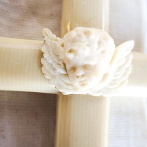 French Vintage Crib Cross - Crib Protector, Guardian of Child, Galalith with Carved Cherub Medallion, French Antique Baby Gift