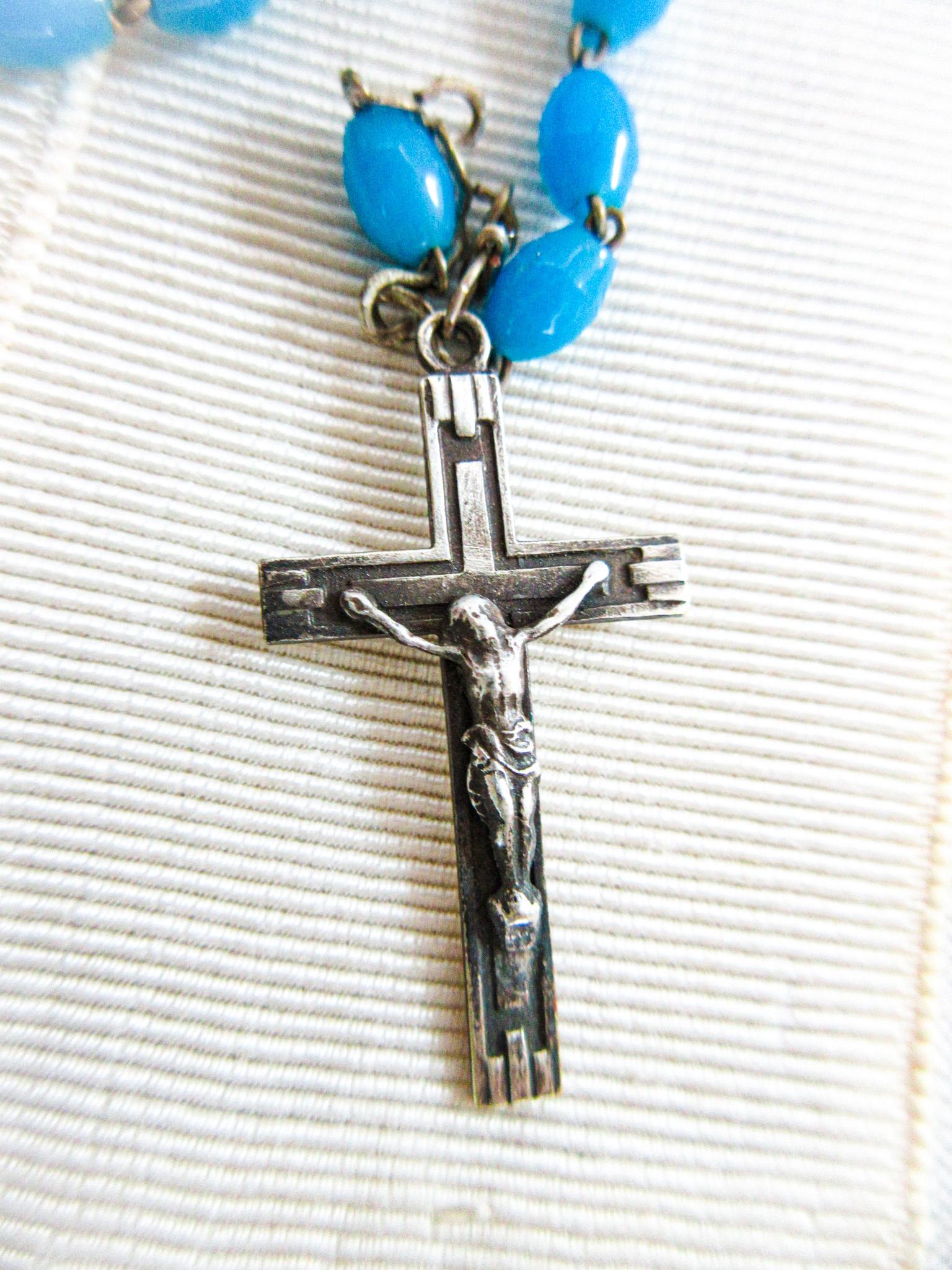 アンティークのフランス製初聖体拝領セット：腕章、ロザリオ、聖カード