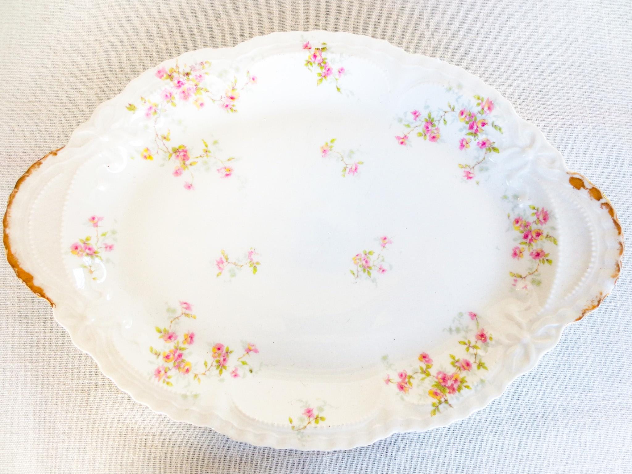 French Limoges Porcelain Serving Platter: Antique Roses, 14