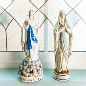 French Antique Lourdes Statue- Virgin Mary Statue, Our Lady of Lourdes, N.D. de Lourdes, Glazed Porcelain, Hand Painted, 1930s, No Damage