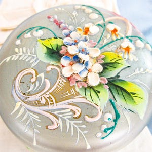 Antique French Glass Casket Patch Box, Frosted Glass, Thick Enamel Flowers in Elegant Cornucopia, Elegant Boudoir Accessory