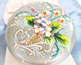 Antique French Glass Casket: Enamel Cornucopia Flowers, Boudoir Decor