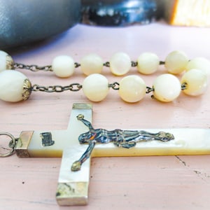 Extra Long French  Antique Sterling Silver Mother of Pearl Rosary- Prayer Beads, Religious Necklace