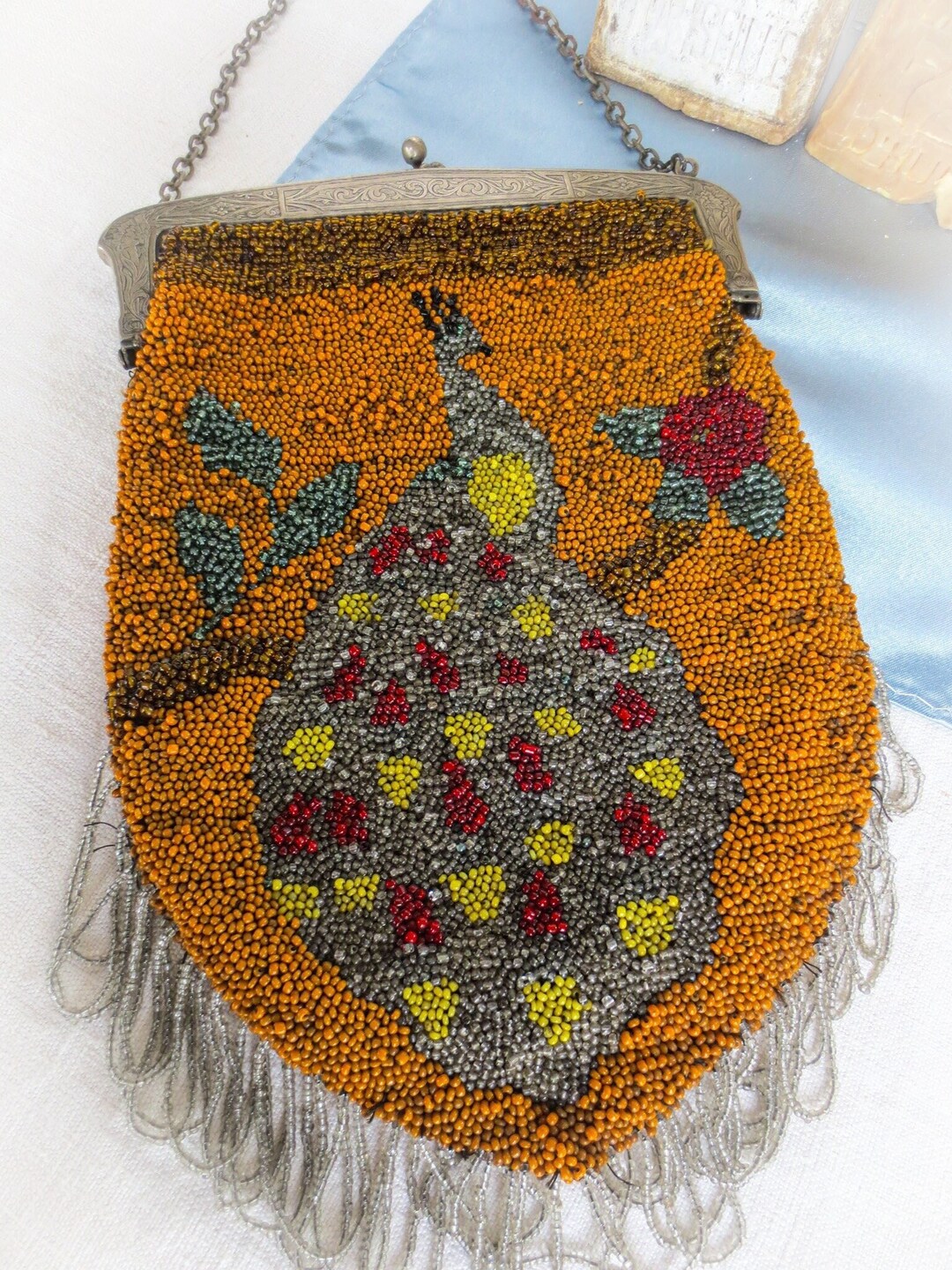 Peacock Beaded Bag Large Size French Antique Art Nouveau Bag Early 1900s Leather Lining Etsy