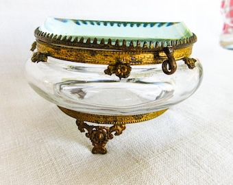 French Antique Casket Jewelry Box, Ormolu Frame, Blown Glass, Thick Mitre Lid