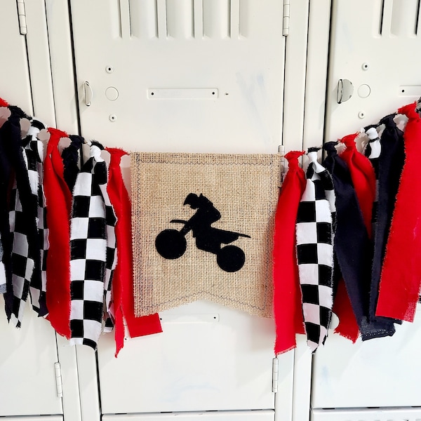 Dirt Bike Racing Birthday Banner, High Chair Garland, Checkered Flag, First Bday Party Decorations, Highchair Banner, Cake Smash, Dirtbike