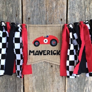 Racing Birthday Banner, Race Car, High Chair Garland, Checkered Flag, First Birthday, Party Decorations, Highchair Banner, Cake Smash, Red