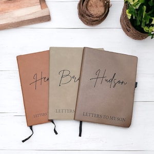 Pu&ograve; includere: Tre diari rilegati in pelle nei toni del marrone, beige e talpa. Ogni diario ha un nome in corsivo e la parola "LETTERS" o "LETTERS TO MY SON" stampata sotto. Sono visibili nastri neri come segnalibri.