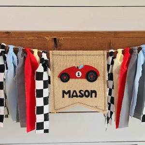 Vintage Retro Red, blue, yellow and white/black checkered race car racing high chair banner