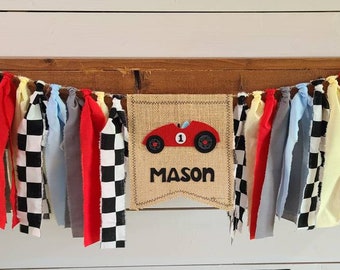 Vintage Retro Red, blue, yellow and white/black checkered race car racing high chair banner
