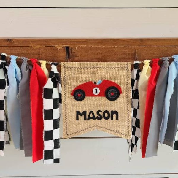 Vintage Retro Red, blue, yellow and white/black checkered race car racing high chair banner