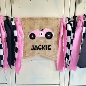 Racing Girl Birthday Banner, Race Car, High Chair Garland, Checkered Flag, First Birthday, Party Decorations, Highchair Banner, Cake Smash